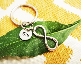 INFINITY KEYCHAIN w initial charm - couples keychain -BFF boyfriend girlfriend gift - keychain, zipper pull or purse charm