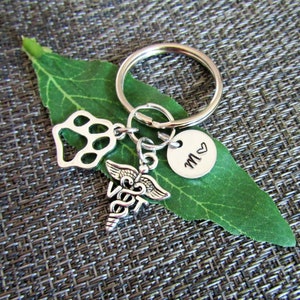 VET TECH KEYCHAIN & paw charm personalized with initial charm - vet tech caduceus purse charm or zipper pull, bag charm