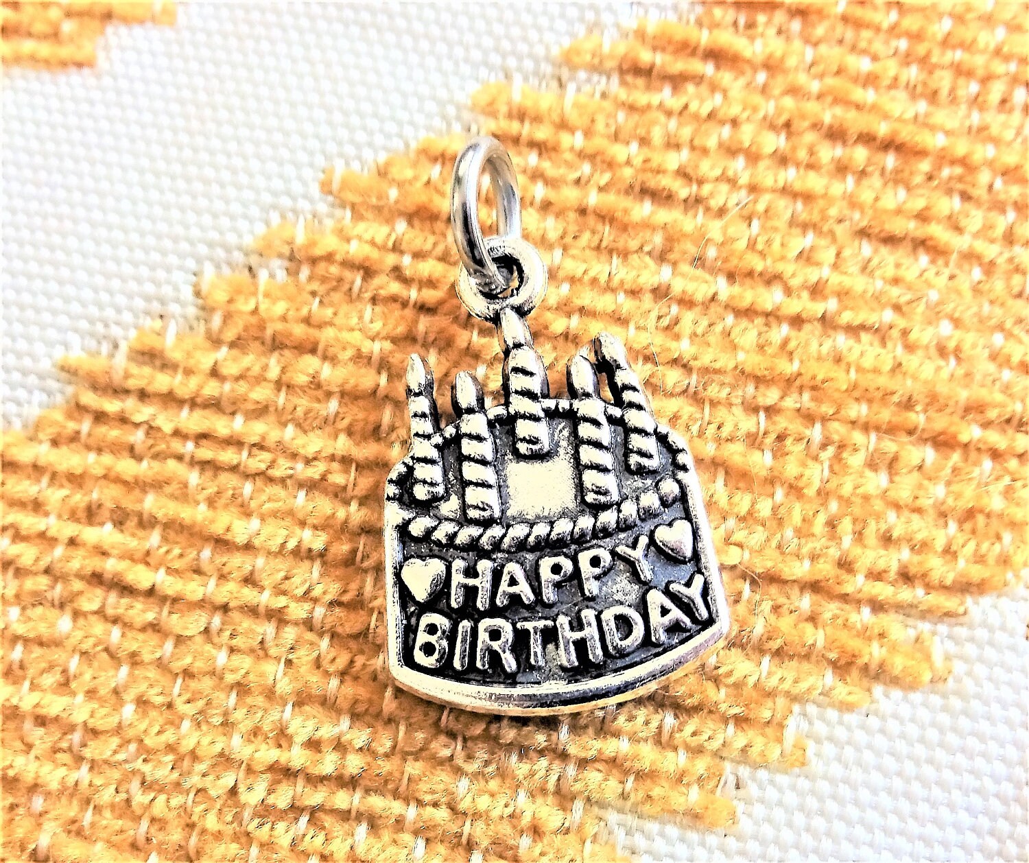 Birthday cake charm to add to a keychain in silver tone Etsy