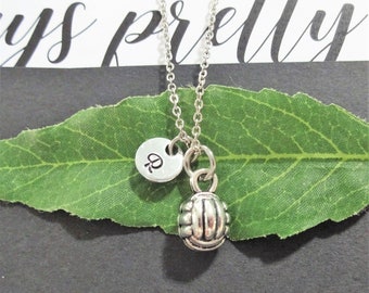 3D VOLLEYBALL NECKLACE in silver tone personalized with initial charm on a non tarnish stainless steel chain