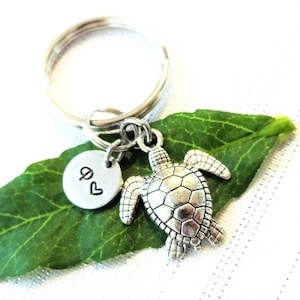 SEA TURTLE KEYCHAIN personalized with initial charm in silver tone  - turtle keyring, zipper pull or purse charm - see all pix