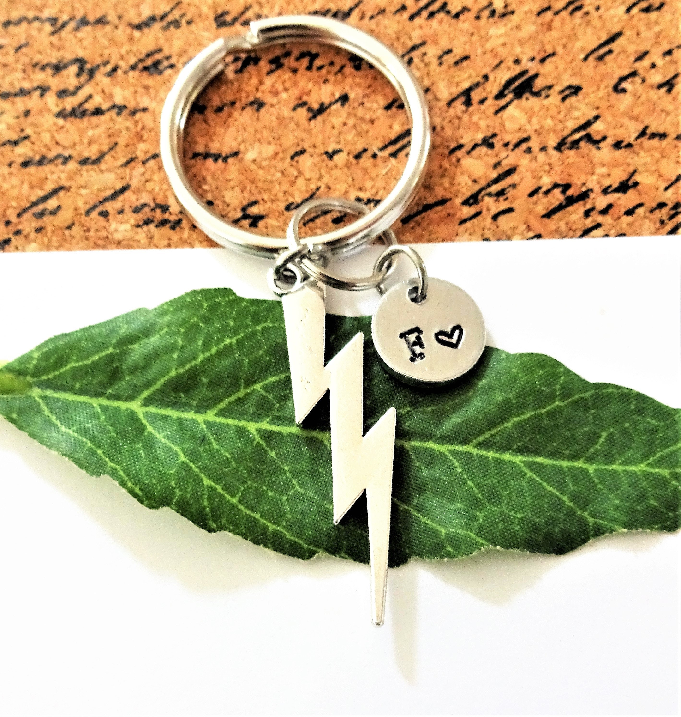 LIGHTNING BOLT KEYCHAIN with initial charm use as keychain Etsy