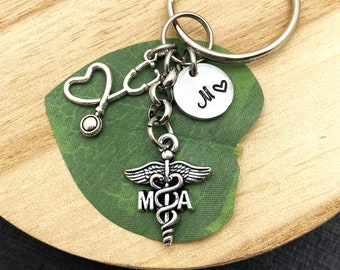 MA & heart STETHOSCOPE keychain personalized with initial charm - medical assistant keychain, purse charm or  zipper pull