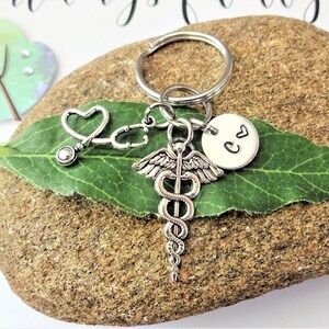 CADUCEUS & heart STETHOSCOPE keychain personalized with initial charm - medic, rn, lpn, pa, np, bsn nurse keyring, zipper pull - see all pix