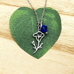 Stainless steel SEPTEMBER BIRTH MONTH flower, Morning Glory necklace, silver birthday sapphire Swarovski birthstone crystal, non tarnish