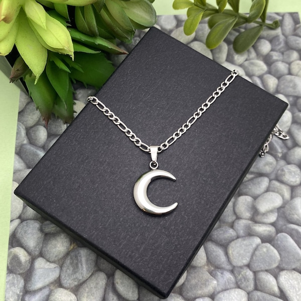 Unisex stainless steel 3D CRESCENT MOON necklace on Figaro chain 3mm (4-6mm links) women's. men's necklace non tarnish with or without bail