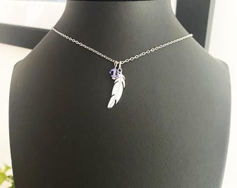 STAINLESS STEEL FEATHER necklace - 1 inch feather minimalist necklace with Swarovski crystal or pearl- all stainless steel, non tarnish