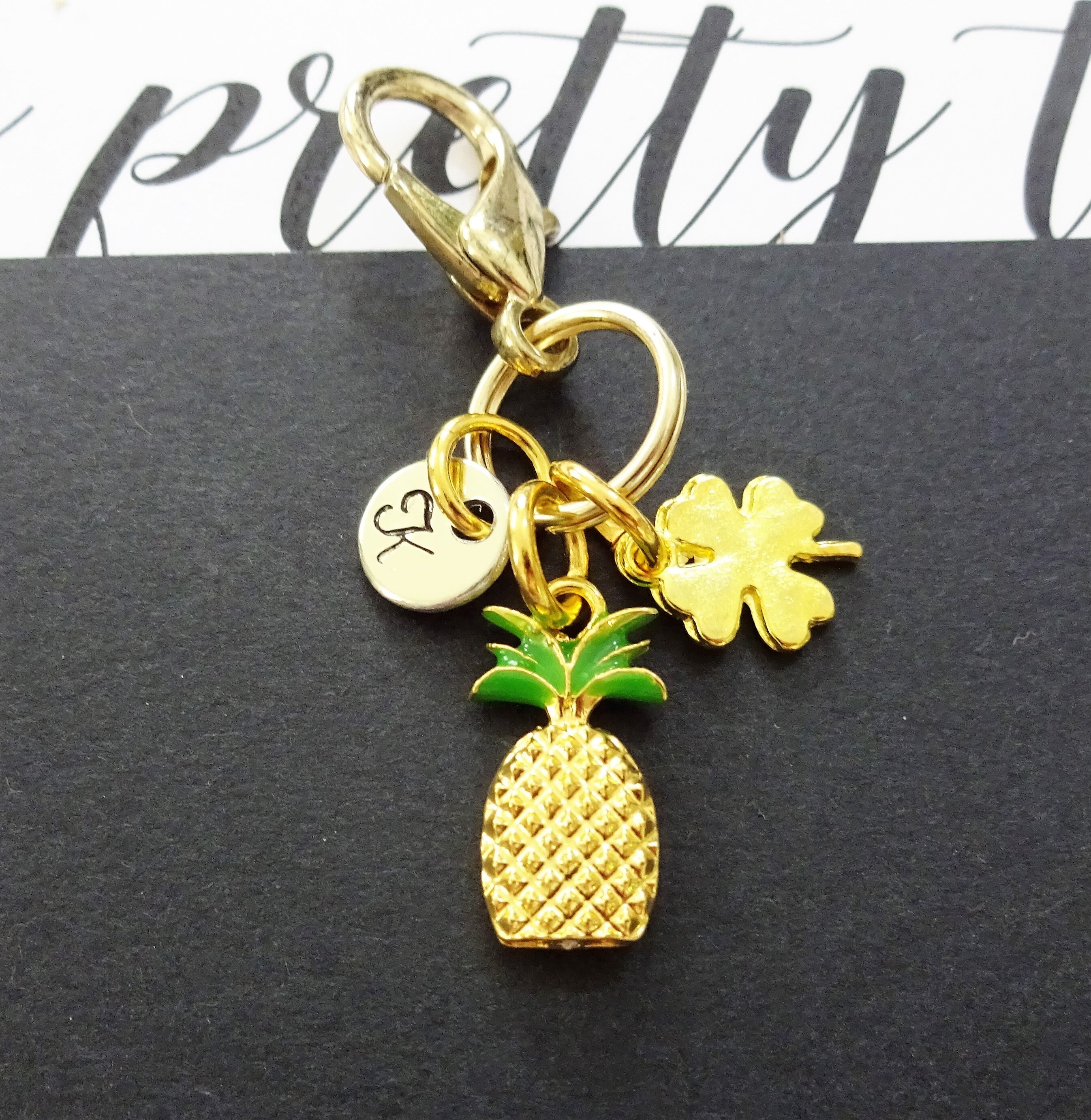 PINEAPPLE KEYCHAIN with initial charm and 4 leaf clover | Etsy