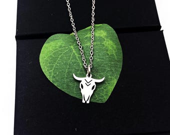 All stainless-steel bull head necklace on a delicate cable chain - 1/2" x 3/4" steer cow skull charm -minimalist hypoallergenic, non tarnish