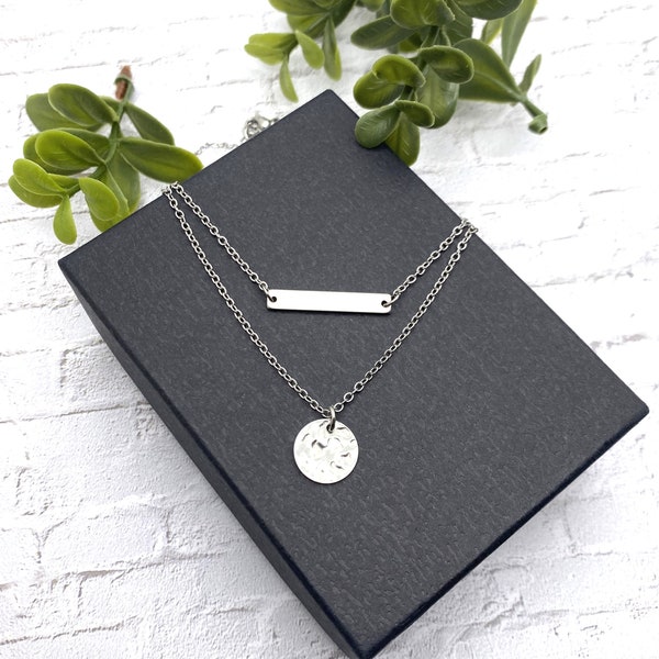 MINIMALIST LAYERED NECKLACE all stainless steel - delicate small hammered disc 1/2 inch, rectangle 1 x 1/8 inch, hypoallergenic, non tarnish