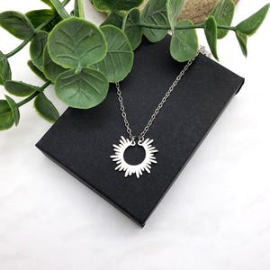 Stainless steel small shiny SUN NECKLACE on a stainless steel chain - sun is 3/4&quot; - all stainless steel non tarnish, hypoallergenic necklace