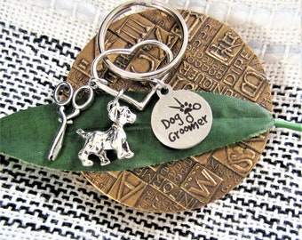 DOG GROOMER KEYCHAIN - silver tone 3D dog with scissors and stainless steel charm with dog groomer - gift for groomer