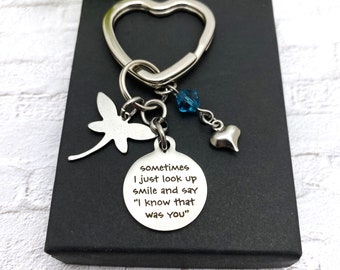 REMEMBRANCE KEYCHAIN "Sometimes I just look up smile and say "I know that was you", stainless steel dragonfly, Swarovski birthstone