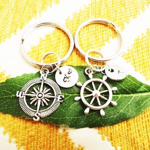 COMPASS & SHIP WHEEL matching keychains personalized with initial charms - Write initial and symbol for each keychain in "notes" box
