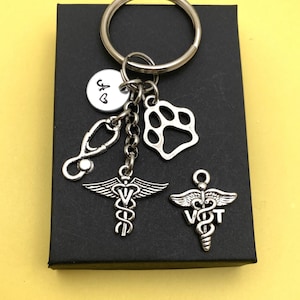 VETERINARIAN KEYCHAIN - choose vet (V) or vet tech (VT) with paw & stethoscope personalized with initial charm - vet or vet tech keychain