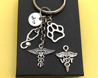 VETERINARIAN KEYCHAIN - choose vet (V) or vet tech (VT) with paw & stethoscope personalized with initial charm - vet or vet tech keychain