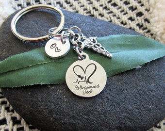 ULTRASOUND TECH keychain with caduceus personalized with initial charm - medical Keychain, purse charm or zipper pull