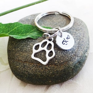 PAW PRINT KEYCHAIN with initial charm -  silver or bronze paw keychain, purse charm or zipper pull - see all pix
