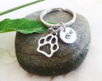 PAW PRINT KEYCHAIN with initial charm - silver tone paw keychain, bag charm, purse charm or zipper pull