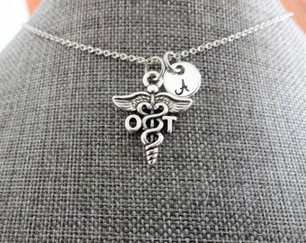 OT or OTA NECKLACE personalized with initial charm on stainless steel chain - occupational therapist or occupational therapist assistant -