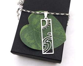 Stainless steel SUN & WAVES necklace on a stainless steel long box chain - polished shiny hypoallergenic, non tarnish necklace