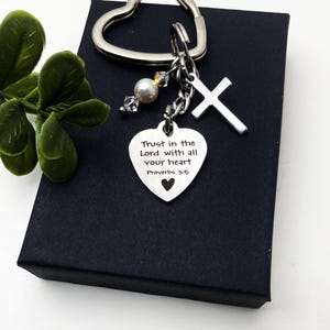 CROSS KEYCHAIN "Trust in the Lord with all your heart" with Swarovski pearl and clear crystals - Christian keychain or purse charm