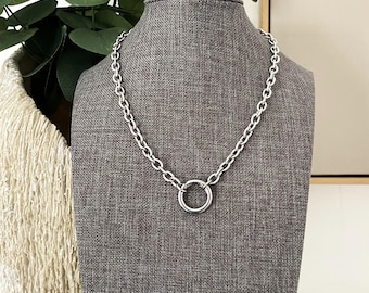 Stainless steel CARABINER SPRING CLASP necklace - 20mm round clasp on 8mm cable chain, clasp opens to add charms & take it off - non tarnish