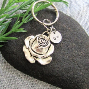 ROSE KEYCHAIN with initial charm - silver tone rose keychain, zipper pull or purse charm