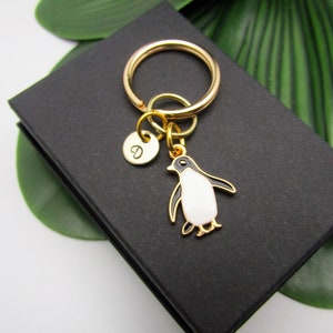 Small PENGUIN KEYCHAIN personalized with initial charm - black, white gold small penguin keyring or zipper pull - penguin is 3/4 inch