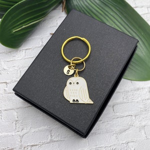 Small OWL KEYCHAIN personalized with initial charm - white, black, gold owl keyring or zipper pull - plain gold on reverse side