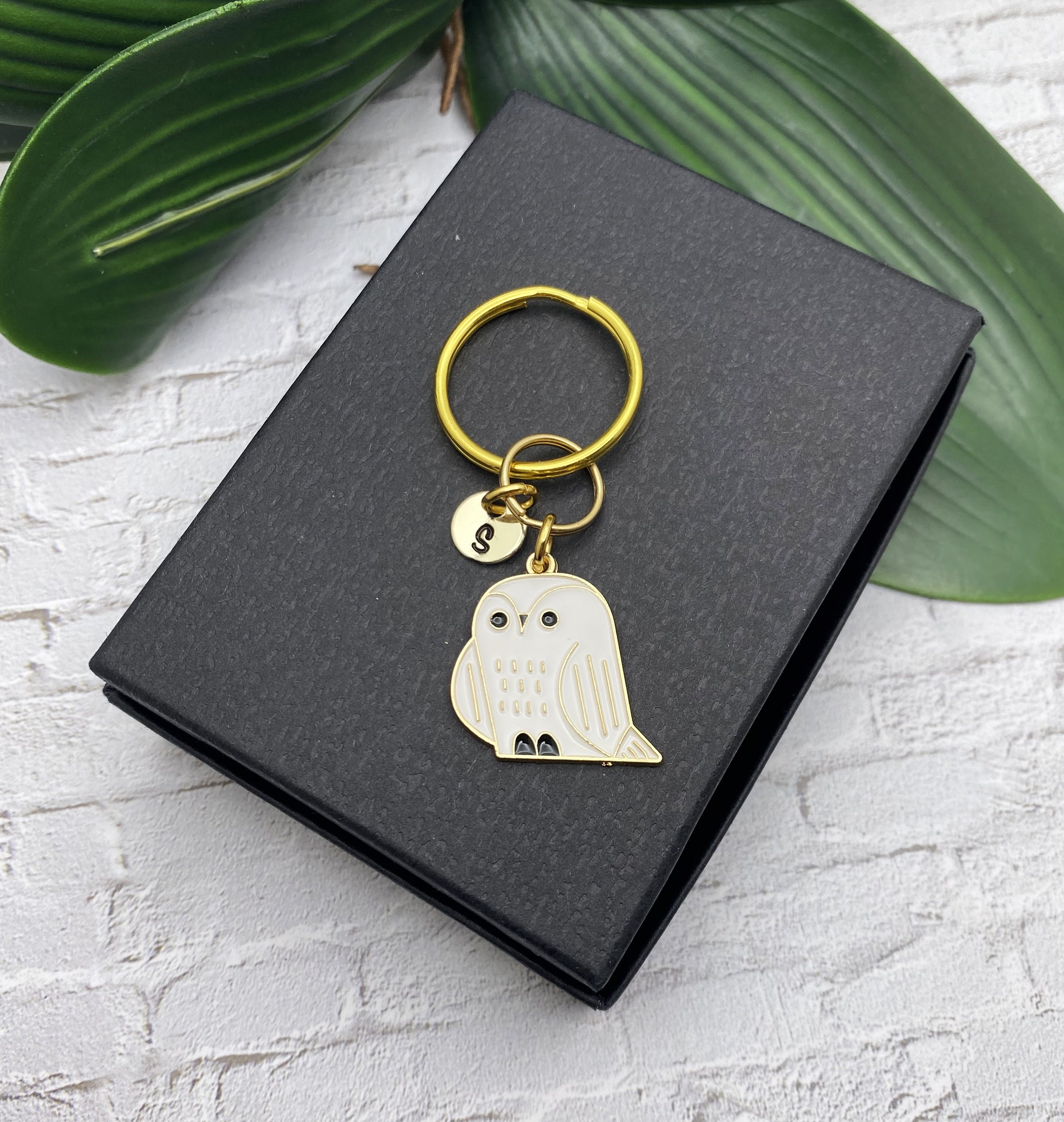 Small OWL KEYCHAIN personalized with initial charm - white, black, gold owl keyring or zipper pull -