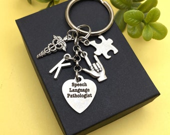 SLP SPEECH LANGUAGE pathologist keychain  - speech therapist, caduceus,  puzzle.  autism signing, personalized w initial charm
