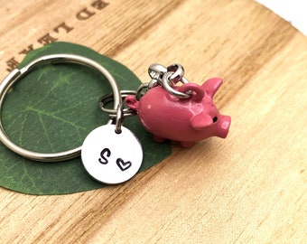 3d PINK PIG KEYCHAIN with initial charm - little 1 inch 3d pink pig keychain, purse charm or zipper pull