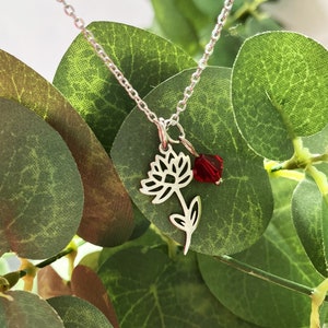 Stainless steel JULY BIRTH MONTH flower necklace Water lily, July birthday flower and Ruby Swarovski birthstone crystal, non tarnish