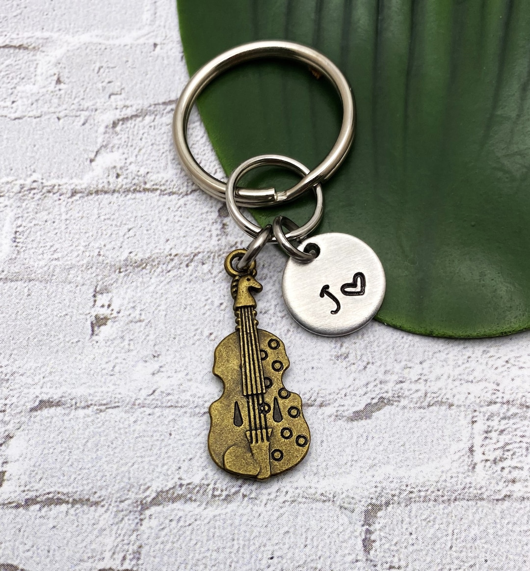 DOUBLE BASS KEYCHAIN Personalized With Initial Charm Bass Guitar Charm