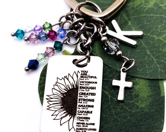 Graduation gift- Affirmation keychain "You are beautiful Eccl 3:11, you are Victorious..." w initial charm, cross & crystals, Bible verses