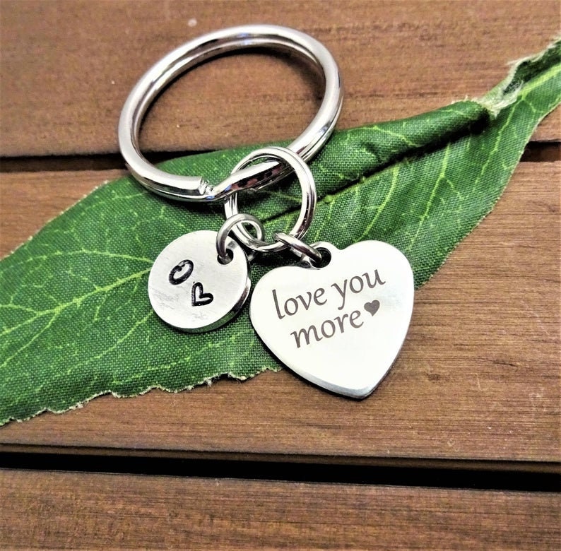 LOVE YOU MORE keychain personalized with initial charm heart | Etsy
