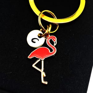 Small pink FLAMINGO KEYCHAIN personalized with initial charm - flamingo keyring or zipper pull - plain gold on reverse side