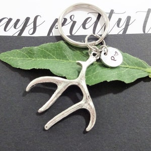 ANTLER KEYCHAIN personalized with initial charm -silver tone deer, elk antlers backpack charm, keyring,  keychain, zipper pull - see all pix