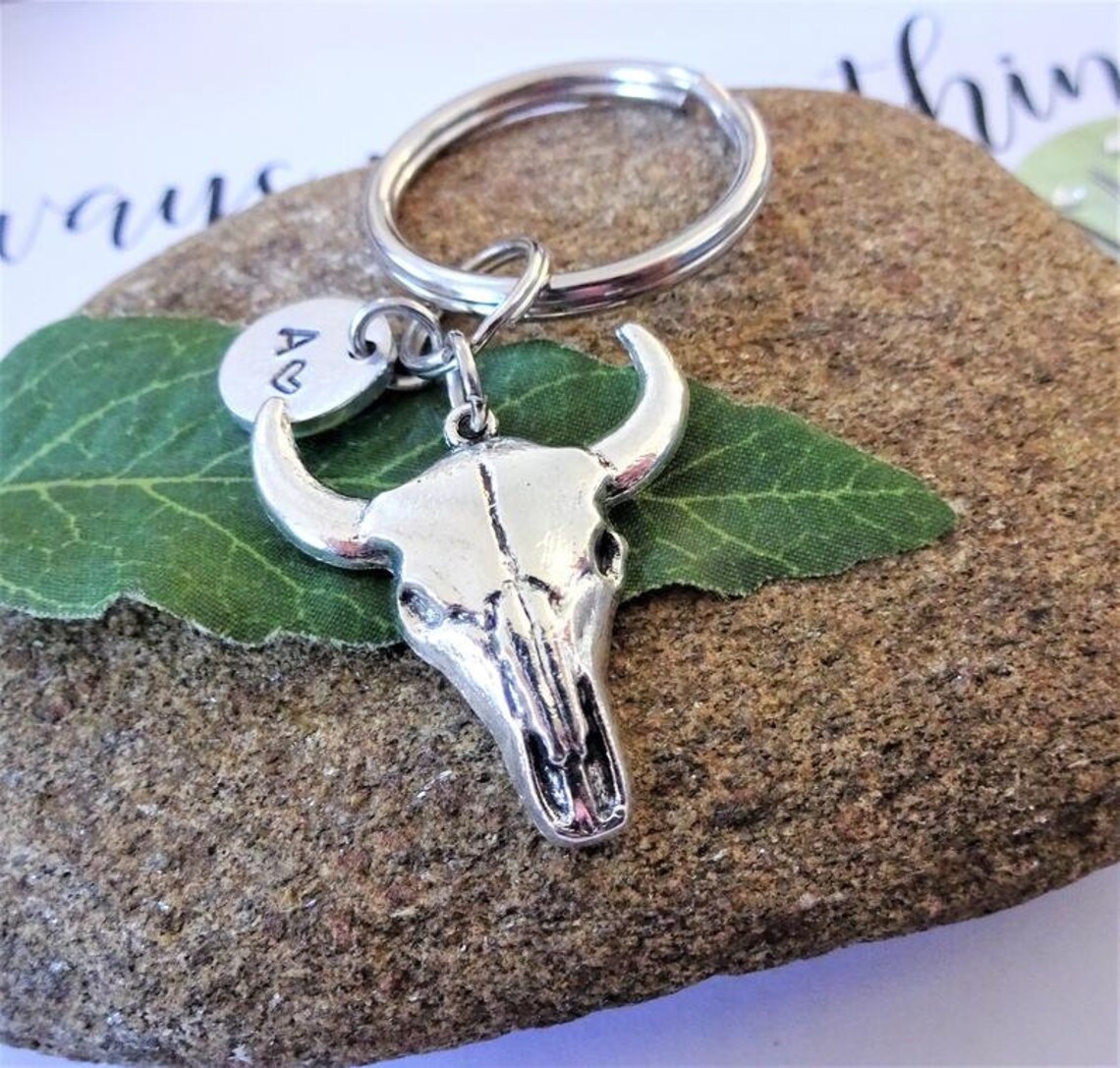 COW BULL SKULL Keychain Personalized With Initial Charm - Cattle Skull ...