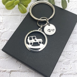 Off road CAR KEYCHAIN personalized with initial charm - silver tone keyring, zipper pull