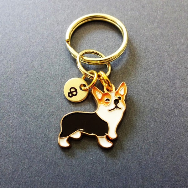 CORGI DOG KEYCHAIN with initial charm - gold, brown, black white corgi keychain,  purse charm, keyring, zipper pull - D 30