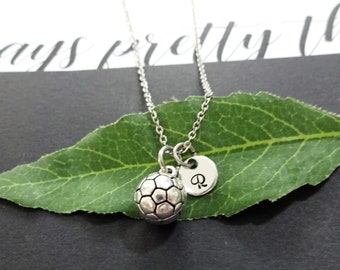 3D SOCCER BALL NECKLACE personalized with initial charm on a stainless steel non tarnish chain