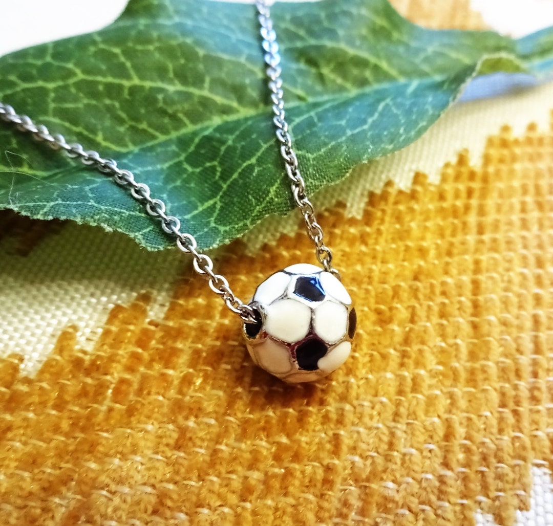 3D SOCCER BALL NECKLACE Small Black & White Soccer Ball With Stainless Steel Fine Chain Going
