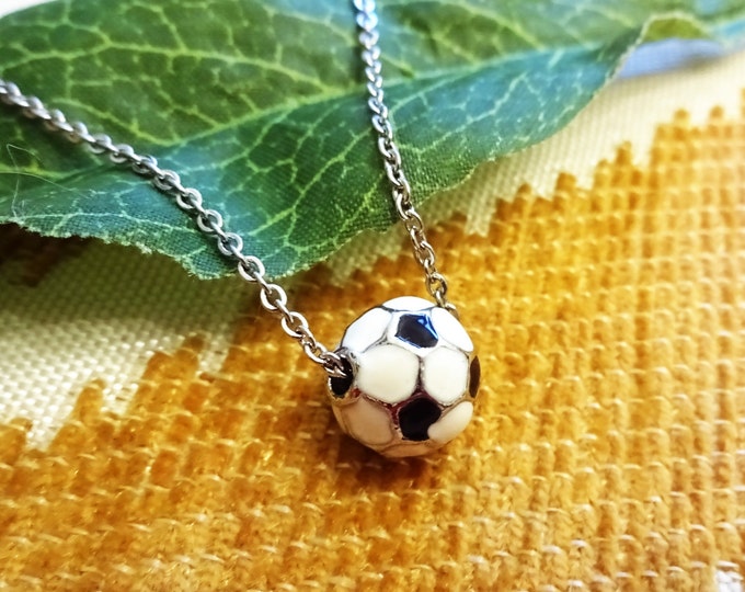 3D SOCCER BALL NECKLACE - small black & white soccer ball with stainless steel fine chain going through the ball