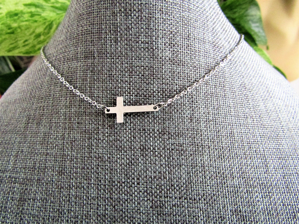 thumbnail image 2 of Silver Stainless Steel Sideways Cross Pendant Necklace – 16-18" Adjustable Chain – Titanium Metal 2 of 3