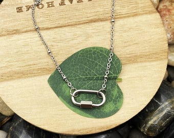 Stainless steel CARABINER NECKLACE on SATELLITE chain, all stainless steel, 20x10mm carabiner unscrews to open & close, non-tarnish