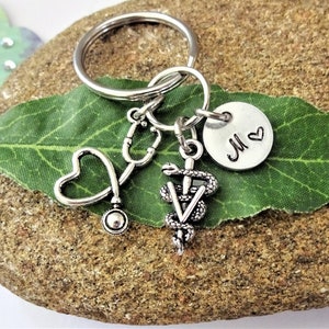 VETERINARIAN & heart STETHOSCOPE keychain personalized with initial charm -vet keyring, purse charm or zipper pull - see all pix