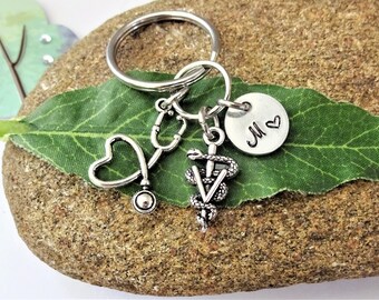 VETERINARIAN & heart STETHOSCOPE keychain personalized with initial charm -vet keyring, purse charm or zipper pull