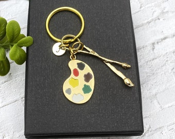 ART PAINT PALETTE and brushes keychain personalized with initial charm in gold tone - gift for art teacher or artist - keyring, zipper pull